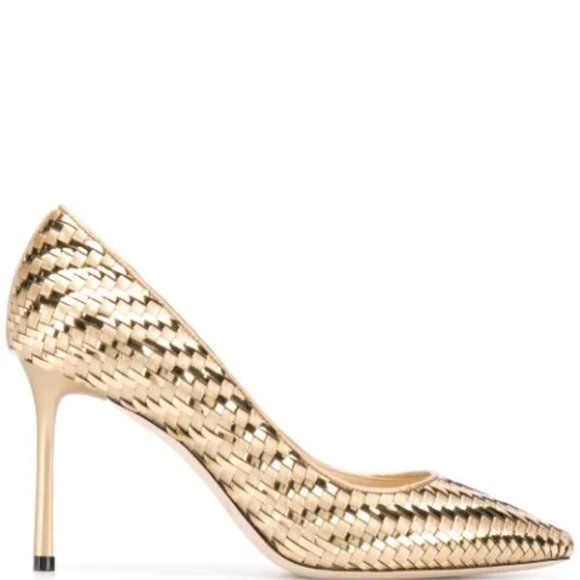 Jimmy Choo Romy 85 Gold Mix Woven Metallic Fabric Pointy Toe Pump Sz/ 8.5 - Picture 6 of 15